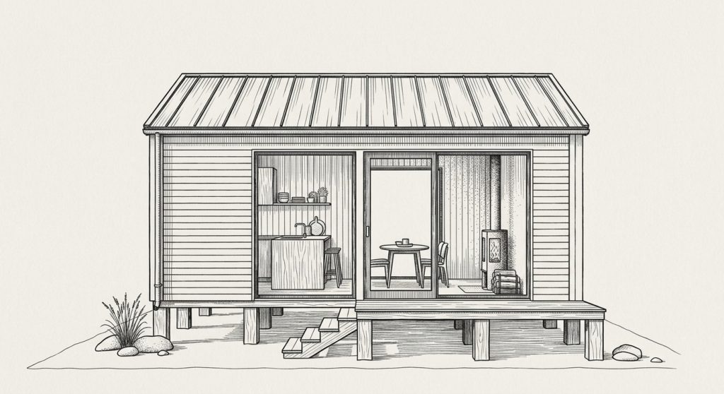 Illustration d'une maison en bois avec un toit métallique, comprenant une grande porte vitrée et une terrasse en bois.